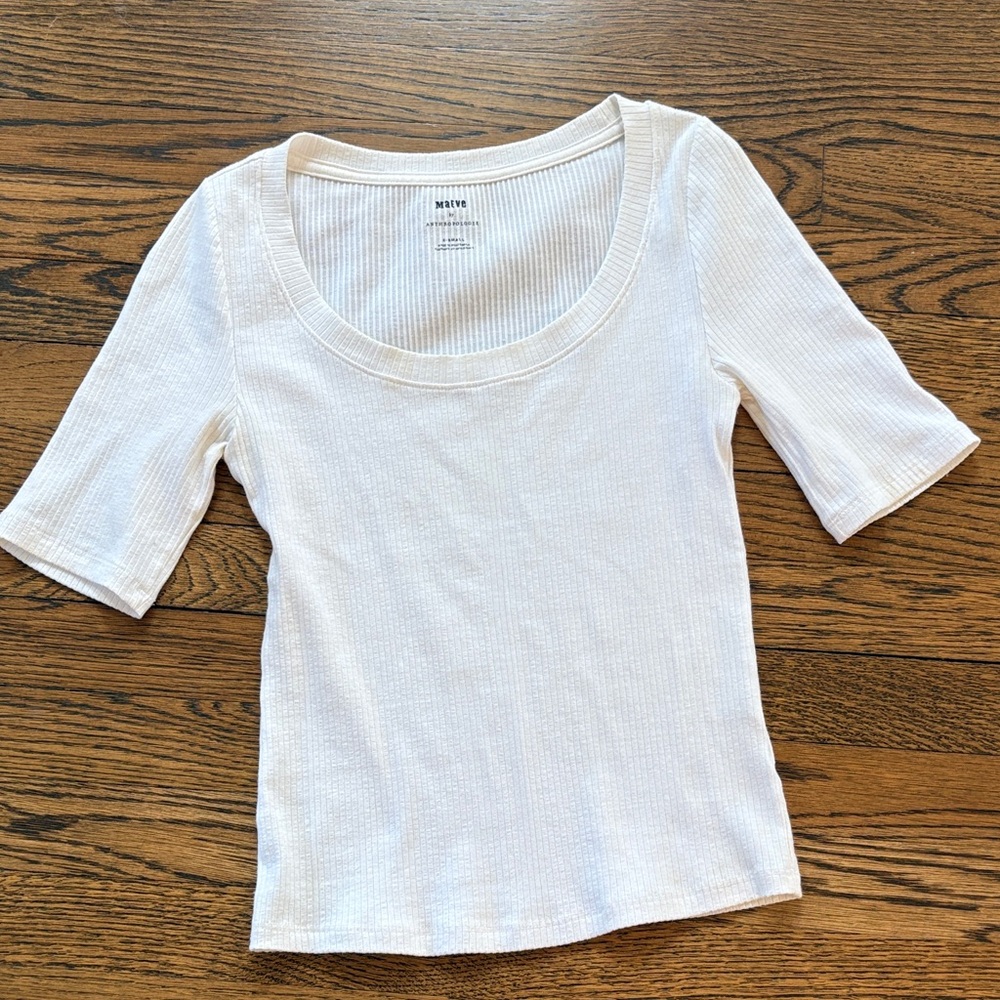 Anthropologie Maeve White Ribbed Scoop Neck Tee, xS